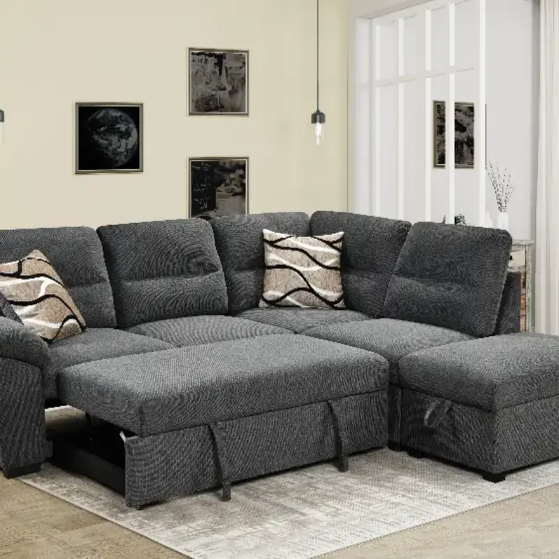 95'' Sectional Sofa with Ultra Soft Back Cushion,Sleeper Sectional Sofa with Pull Out Couch Bed and Storage Ottoman