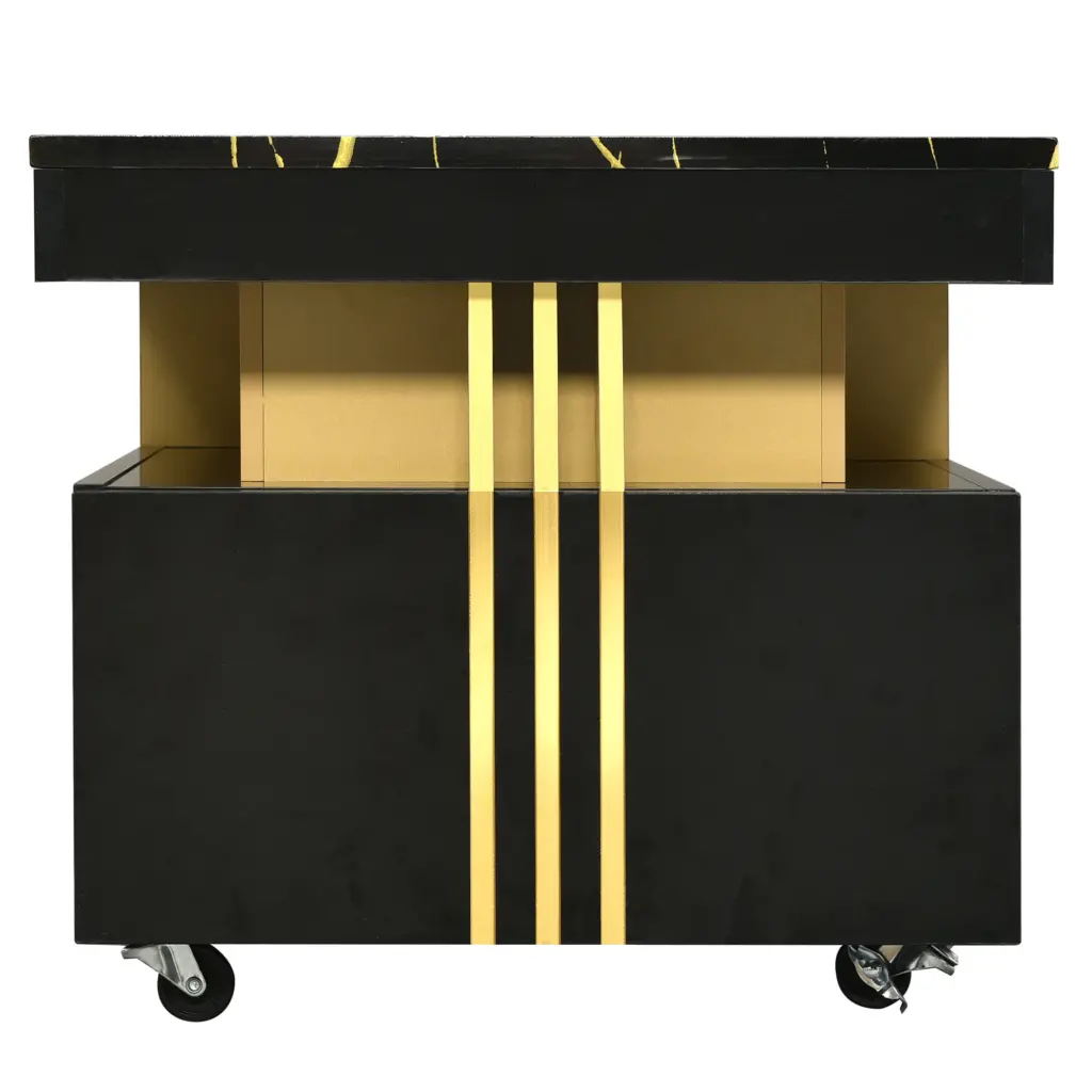 Contemporary Coffee Table With Faux Marble Top, Rectangle Cocktail Table With Caster Wheels, Moderate Luxury Center Table With Gold Metal Bars For Living Room, Black 13