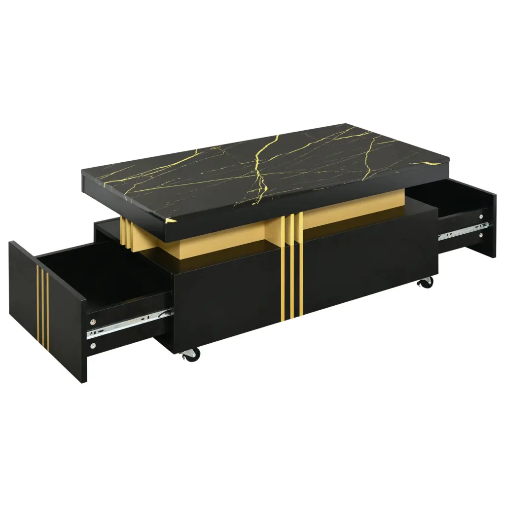 Contemporary Coffee Table With Faux Marble Top, Rectangle Cocktail Table With Caster Wheels, Moderate Luxury Center Table With Gold Metal Bars For Living Room, Black 14