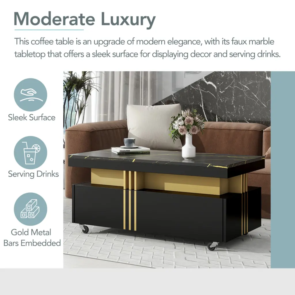 Contemporary Coffee Table With Faux Marble Top, Rectangle Cocktail Table With Caster Wheels, Moderate Luxury Center Table With Gold Metal Bars For Living Room, Black 16