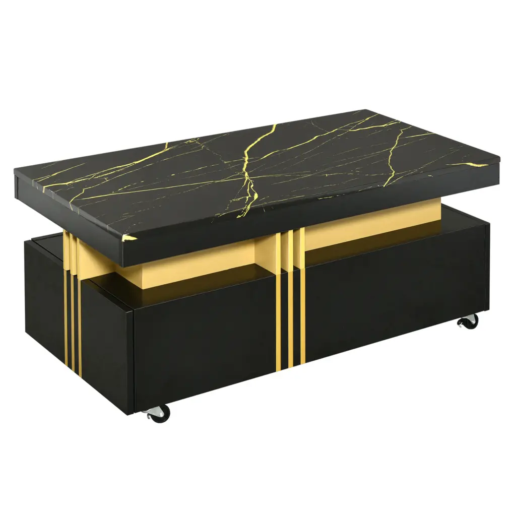 Contemporary Coffee Table With Faux Marble Top, Rectangle Cocktail Table With Caster Wheels, Moderate Luxury Center Table With Gold Metal Bars For Living Room, Black 2