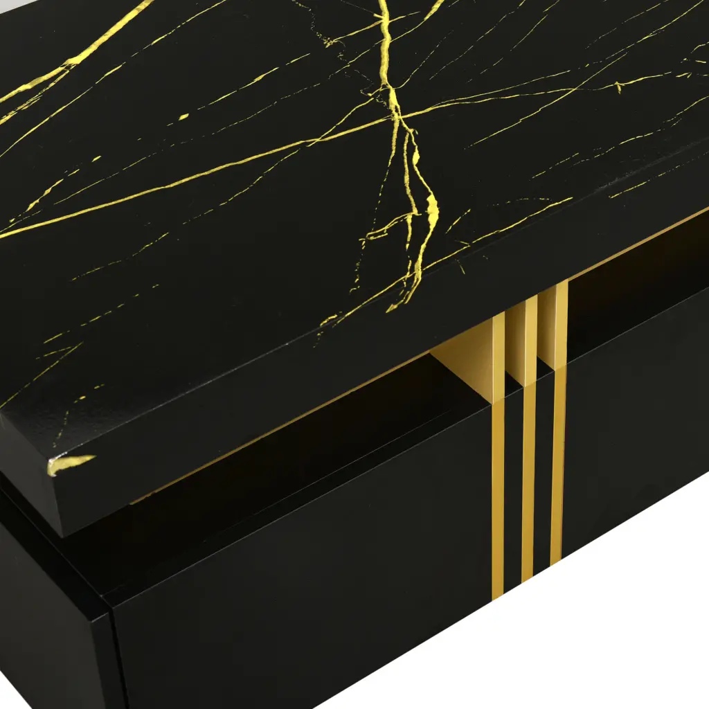 Contemporary Coffee Table With Faux Marble Top, Rectangle Cocktail Table With Caster Wheels, Moderate Luxury Center Table With Gold Metal Bars For Living Room, Black 4