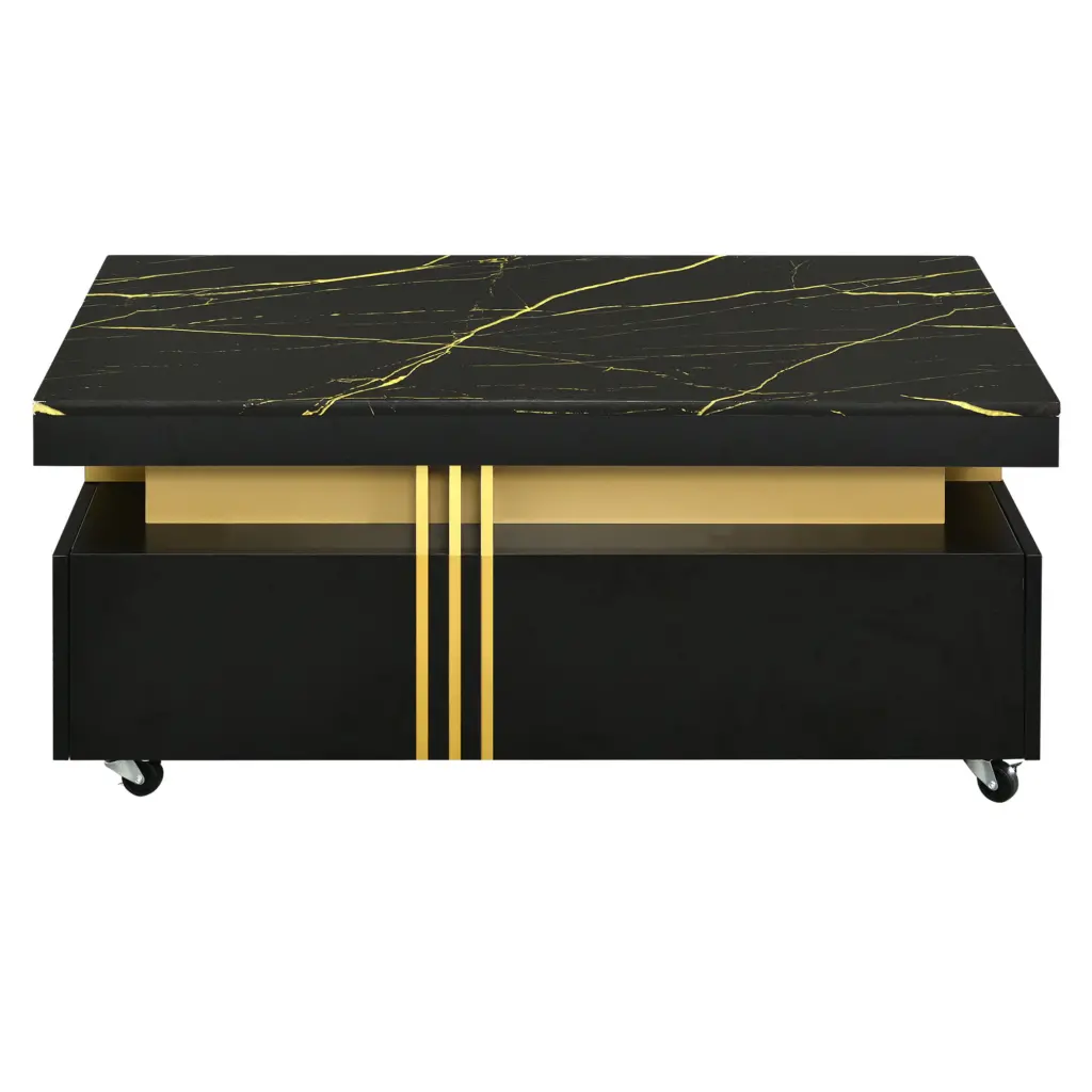 Contemporary Coffee Table With Faux Marble Top, Rectangle Cocktail Table With Caster Wheels, Moderate Luxury Center Table With Gold Metal Bars For Living Room, Black 6