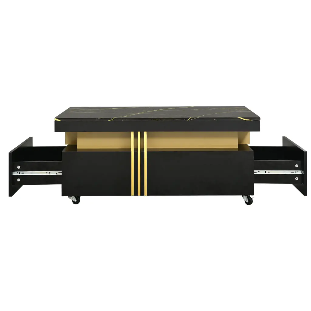 Contemporary Coffee Table With Faux Marble Top, Rectangle Cocktail Table With Caster Wheels, Moderate Luxury Center Table With Gold Metal Bars For Living Room, Black 7