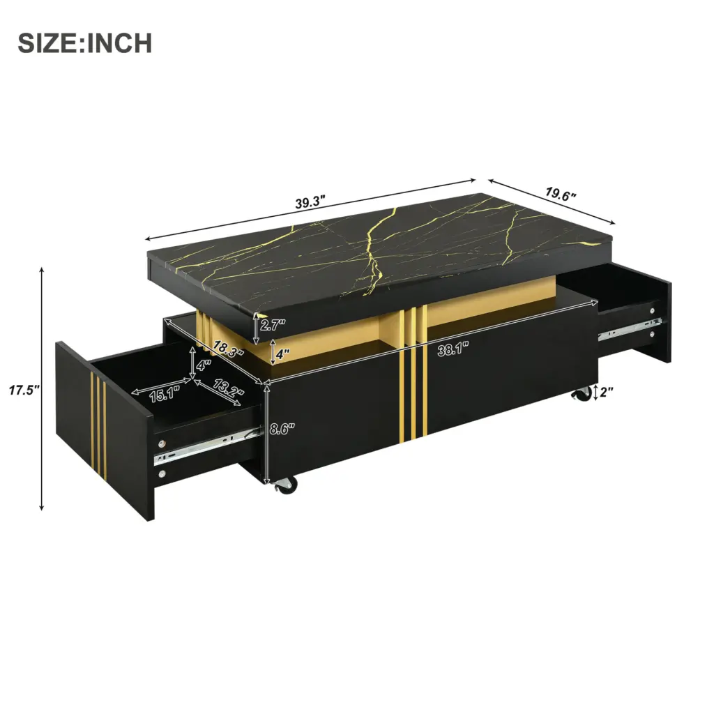 Contemporary Coffee Table With Faux Marble Top, Rectangle Cocktail Table With Caster Wheels, Moderate Luxury Center Table With Gold Metal Bars For Living Room, Black 8