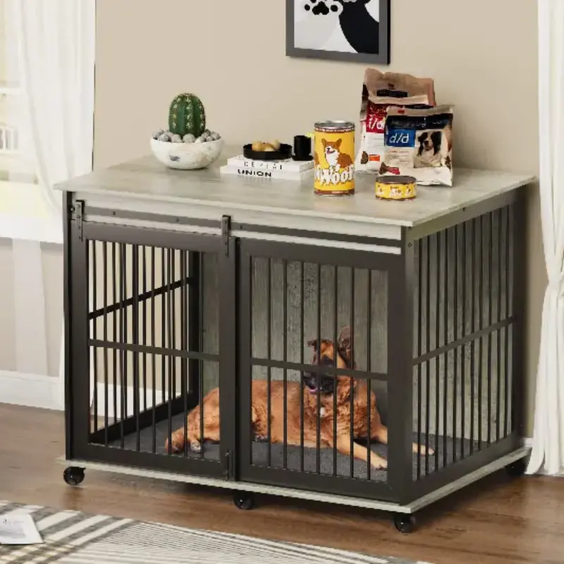 Furniture dog crate sliding iron door dog crate with mat. (Grey,43.7''W x 30''D x 33.7''H)